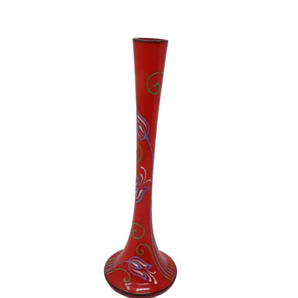 Vintage Hand Blown Red Glass Vase with Hand Painted Enamel Flowers & Cased Metal - Picture 5 of 10